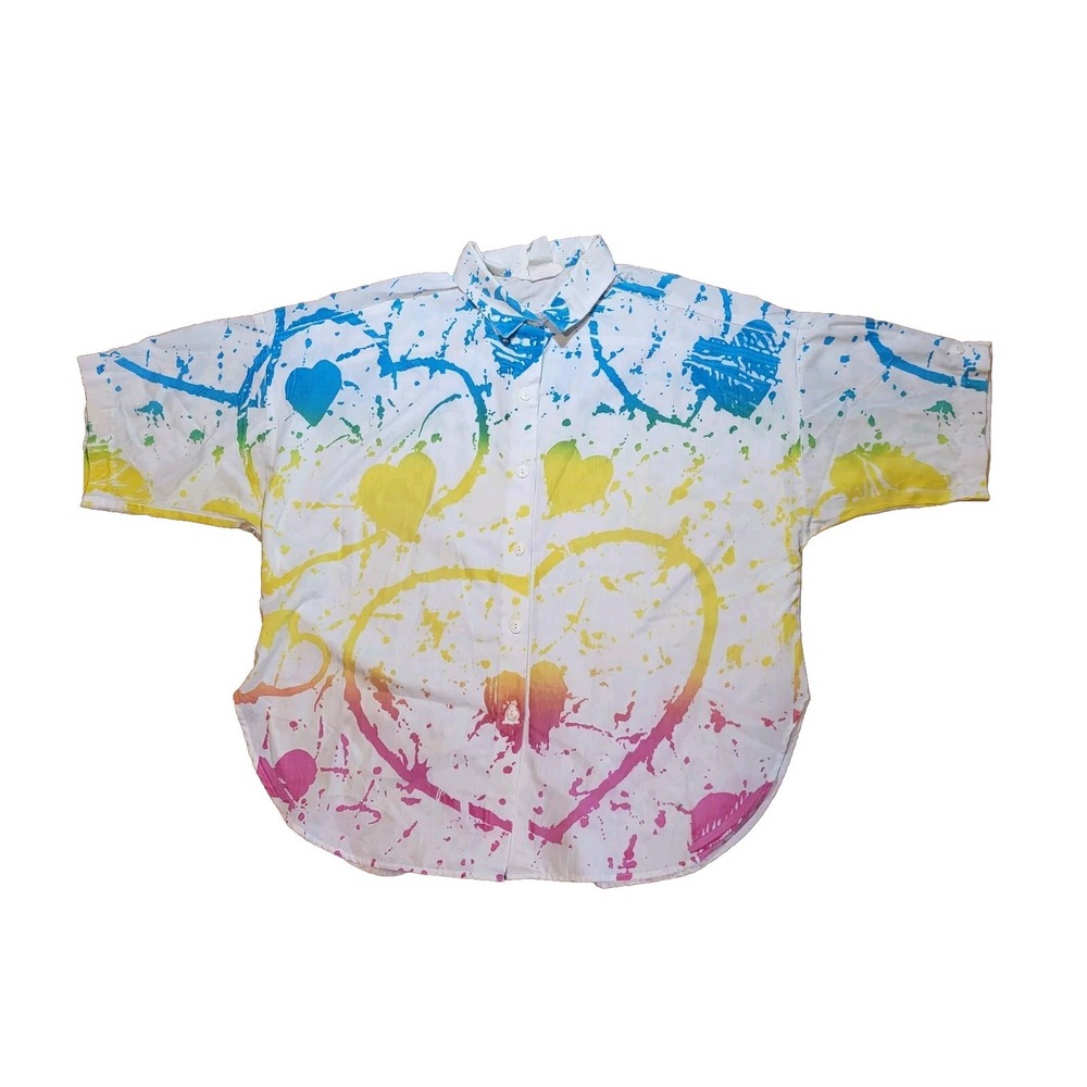 Vtge RAINBOW PAINT SPLATTER HEARTS ALLOVER PRINT S/S More The Merrier Button Up